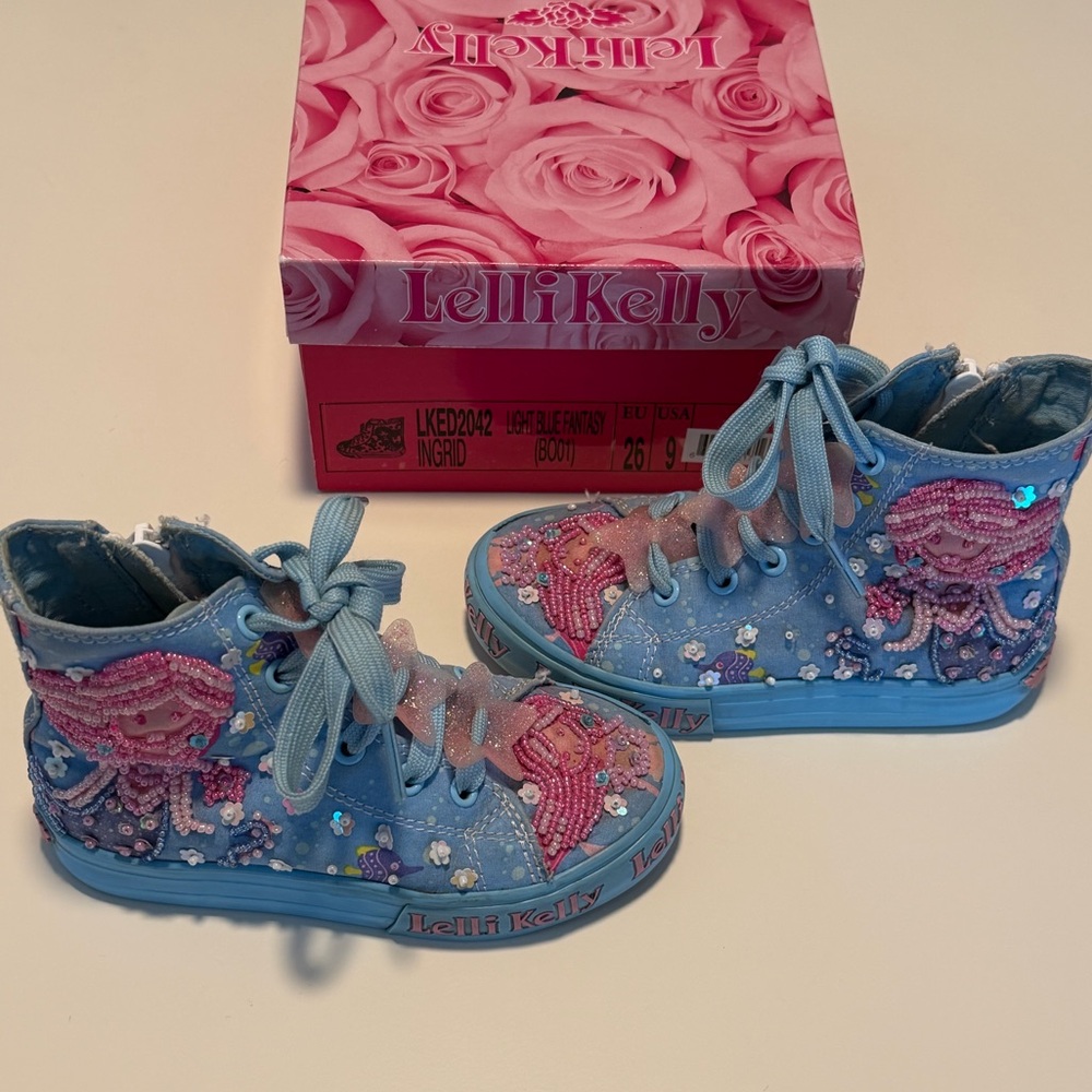 Lelli Kelly Blue and Pink Beaded Mermaid High-Top Sneakers size EU26 or US 9.5T